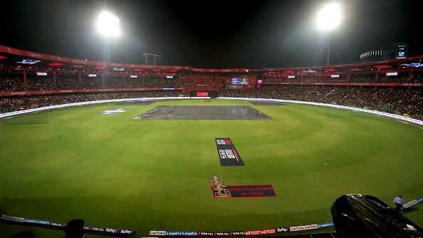 General view of M Chinnaswamy Stadium as rain delays during the 2025 IPL match between Royal Challengers Bengaluru and Punjab Kings at M Chinnaswamy Stadium on April 18, 2025, in Bengaluru, India.