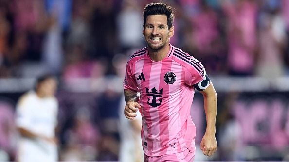 Lionel Messi #10 of Inter Miami CF celebrates after scoring the team's second goal during the MLS match between Inter Miami CF and LA Galaxy at Chase Stadium on August 16, 2025 in Fort Lauderdale, Florida.