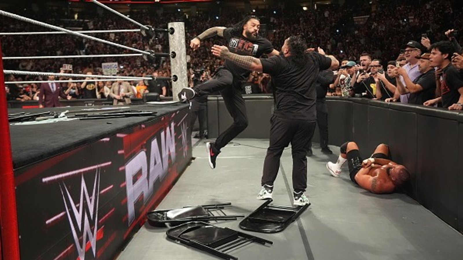 Roman Reigns' dangerous spear levels Bron Breakker in new WWE RAW clip Roman Reigns punching Bronson Reed.