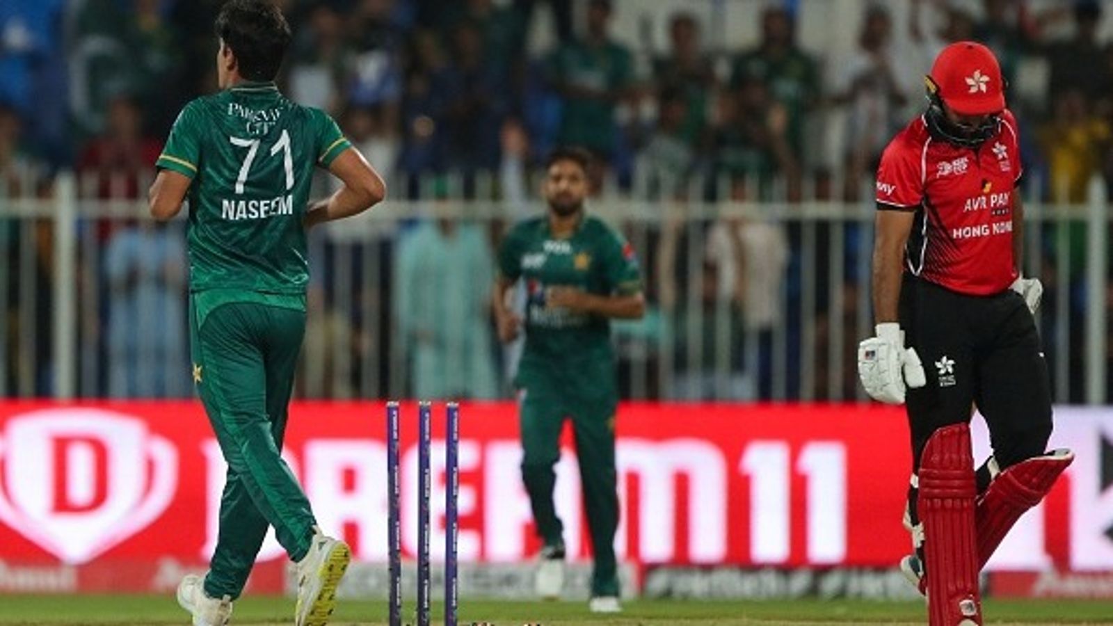 Babar appointed vice-captain of Hong Kong as 20-member squad for Asia Cup 2025 announced Pakistan's Naseem Shah (L) celebrates after dismissing Hong Kong's Babar Hayat in this frame