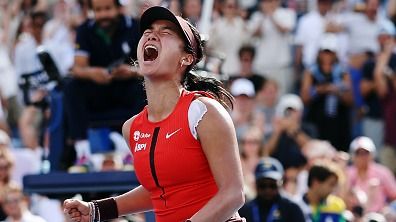 Alexandra Eala of the Philippines celebrates match point against Clara Tauson of Denmark (not pictured) during their Women's Singles First Round match on Day One of the 2025 US Open at USTA Billie Jean King National Tennis Center