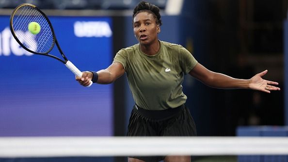 Venus Williams Trains prior to the start of the US Open at USTA Billie Jean King National Tennis Center on August 20, 2025 in New York City.