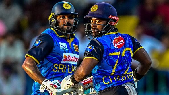 Sri Lanka's Wanindu Hasaranga (L) and captain Charith Asalanka in this frame
