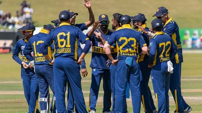 Sri Lanka players celebrate with each other in this frame