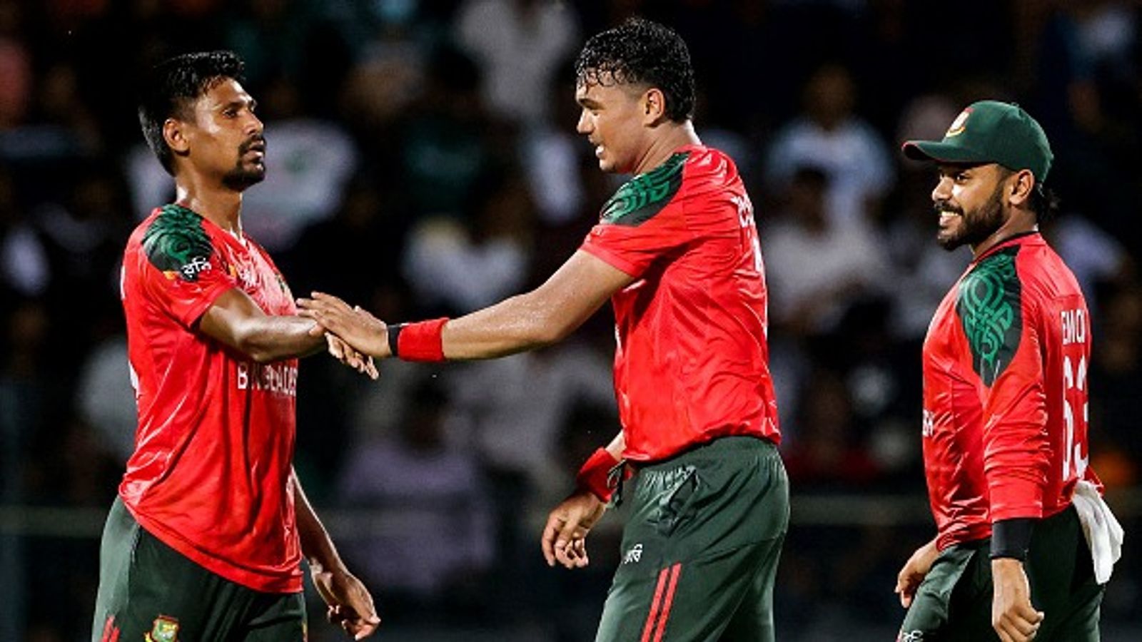 BAN vs NED: Taskin Ahmed's fiery four-fer propels Bangladesh to 8-wicket victory over Netherlands in 1st T20I for biggest win at home in 10 years Bangladesh's Taskin Ahmed (C) celebrates with this teammates in this frame