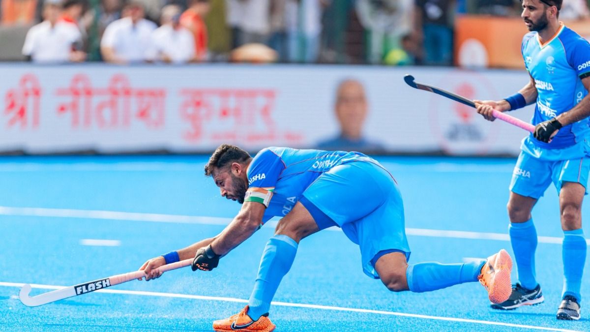 India's ace hockey player Harmanpreet Singh (L) in action in this frame