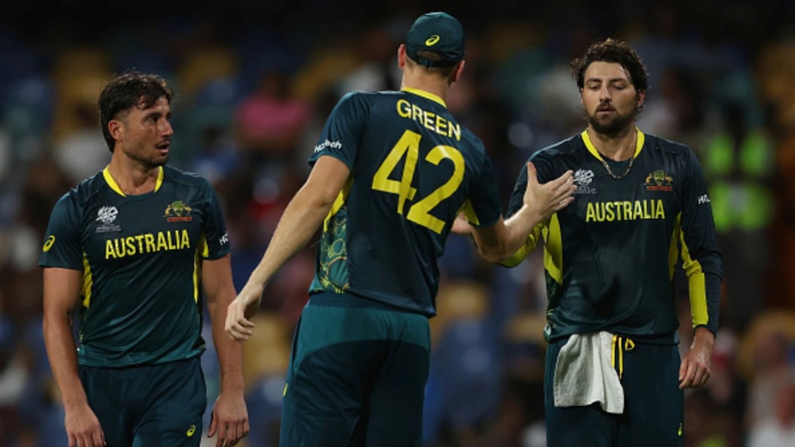 Australia announce 14-member T20I squad for New Zealand series; Marcus Stoinis makes comeback, in-form batter prioritises red-ball cricket ahead of Ashes Tim David of Australia celebrates with teammates Cameron Green and Marcus Stoinis after catching out Mehran Khan of Oman during the ICC Men's T20 Cricket World Cup West Indies & USA 2024 match at Kensington Oval on June 05, 2024 in Bridgetown, Barbados.