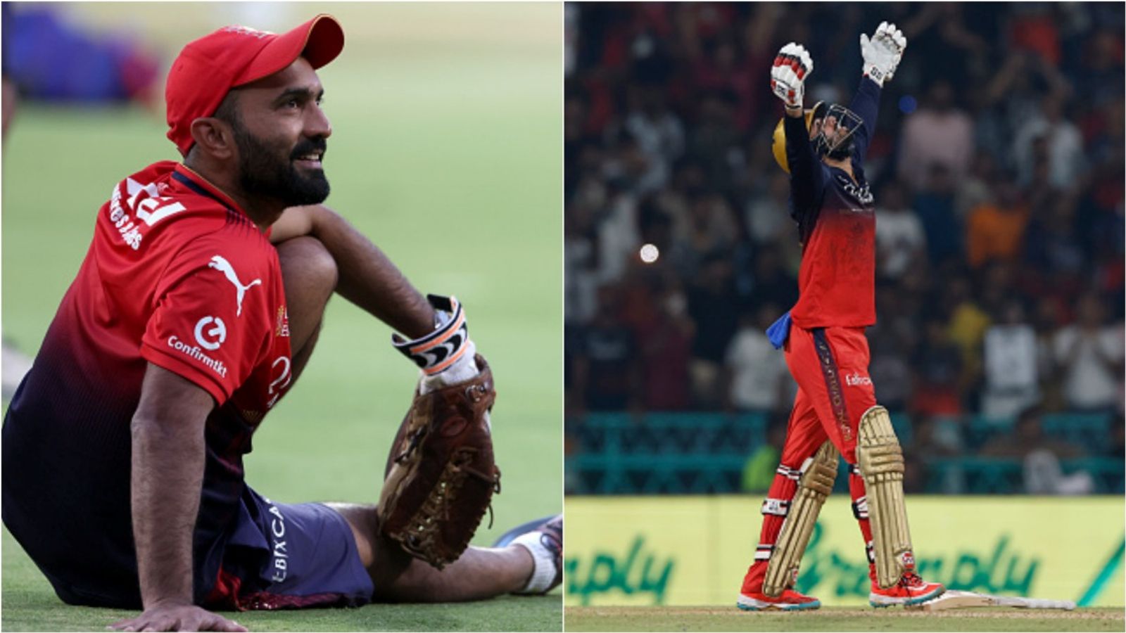 'Jo kisi ne mere andar aaj tak nahi dekhi who us insaan ne...': Emotional Jitesh Sharma hails 'elder brother' Dinesh Karthik for his best IPL season RCB mentor Dinesh Karthik during a training session; Jitesh Sharma celebrates RCB's win over LSG.