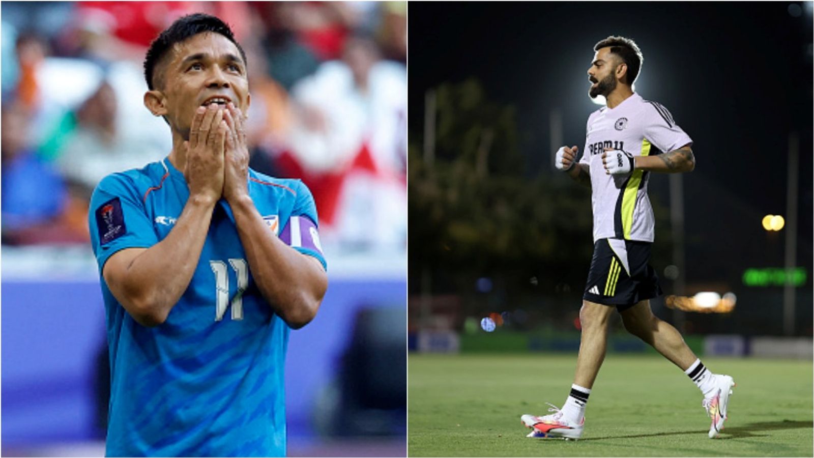 'He was sending me his scores of...': Sunil Chhetri reveals Virat Kohli texted him fitness test results from London, compares him to Cristiano Ronaldo Sunil Chhetri reacts during a match; Virat Kohli during a training session.