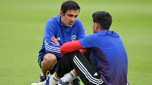 India's head coach Gautam Gambhir (L) speaks with star batter Shubman Gill in this frame