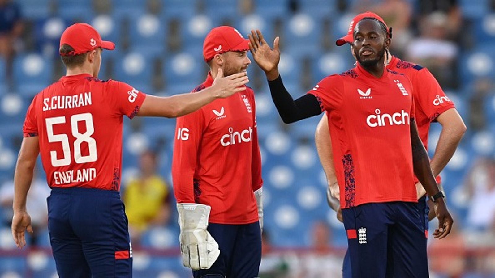 ENG vs SA 1st T20I: CSK star all-rounder returns as ECB announces England's playing XI for first T20I against South Africa Jofra Archer of England celebrates with Sam Curran after dismissing Nicholas Pooran of the West Indies during the 3rd International t20 between the West Indies and England