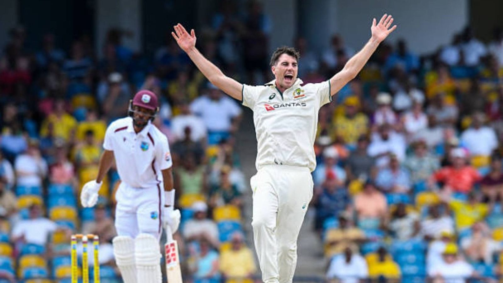 'Minimum a month, maybe 6 weeks...': Pat Cummins shares major fitness update ahead of The Ashes Pat Cummins (R) of Australia appeals for leg before wicket (LBW) against Roston Chase (L) of West Indies during the second day of the 1st Test match between West Indies and Australia at Kensington Oval