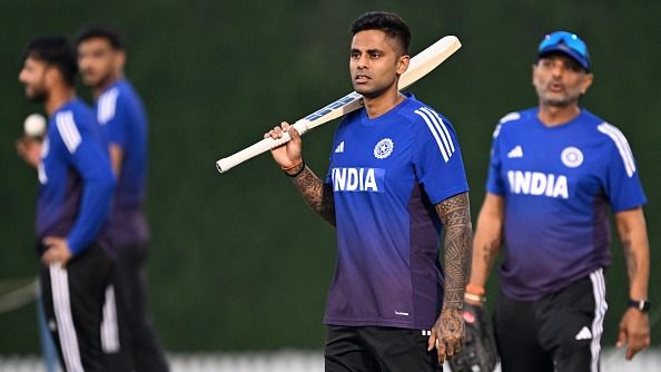 India's captain Suryakumar Yadav (2R) attends a practice session ahead of Asia Cup 2025 clash against UAE