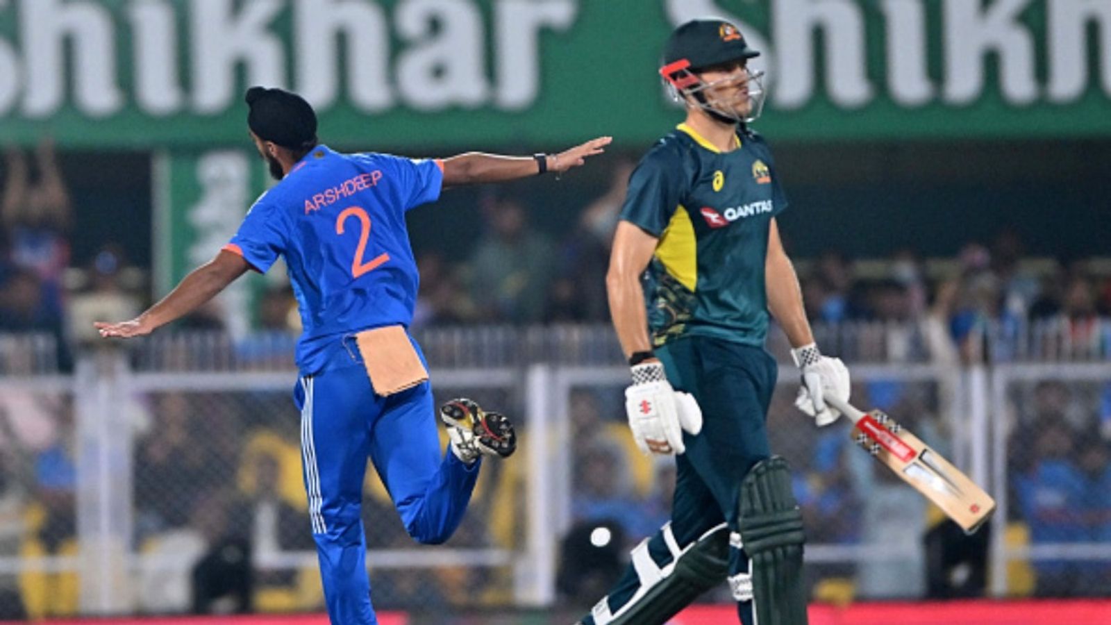 Australia's list of injured players gets longer, star all-rounder ruled out of India series due to shoulder injury India's Arshdeep Singh (L) celebrates after taking the wicket Australia's Aaron Hardie during the third T20I at the Assam Cricket Association Stadium in Guwahati on November 28, 2023.