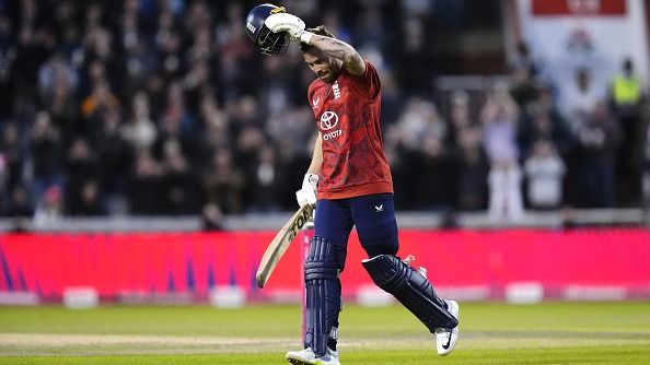 England's Phil Salt celebrates after scoring a century in 2nd T20I against South Africa