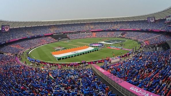 National flags of India and Pakistan displayed before the start of ICC Men's Cricket World Cup match between India and Pakistan at Narendra Modi Stadium in Ahmedabad on October 14, 2023.