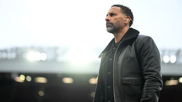 Rio Ferdinand looks on during the UEFA Europa League 2024/25 Quarter Final Second Leg match between Manchester United and Olympique Lyonnais at Old Trafford on April 17, 2025 in Manchester, England.
