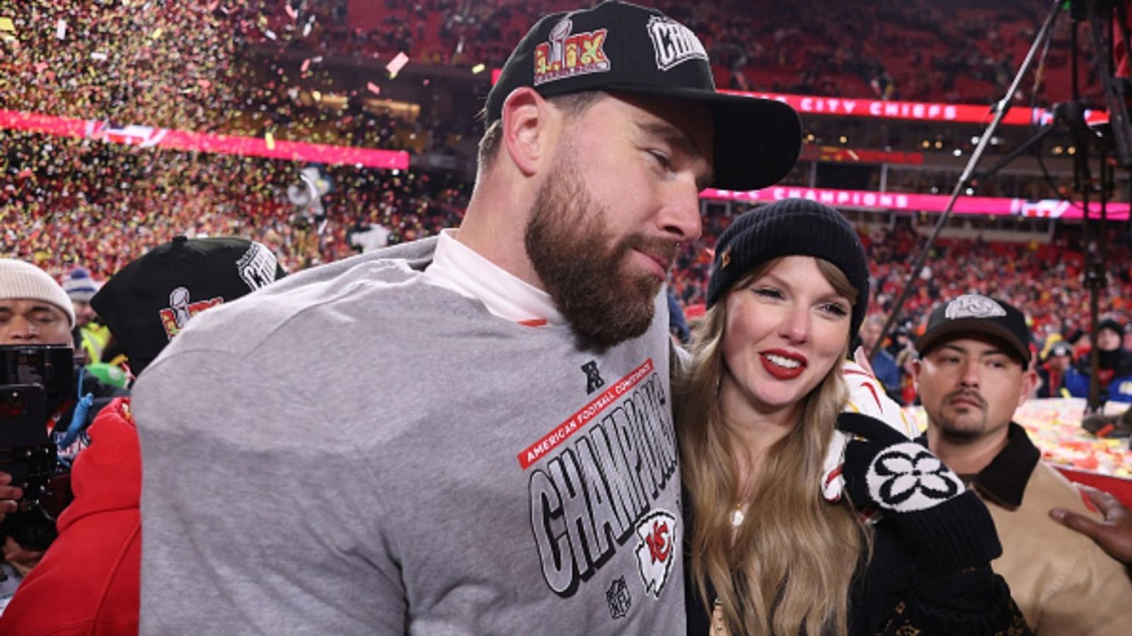 Travis Kelce shares emotional moment before popping the question to Taylor Swift: "Few tears here and there" Travis Kelce and Taylor Swift in the frame (Image via Getty)