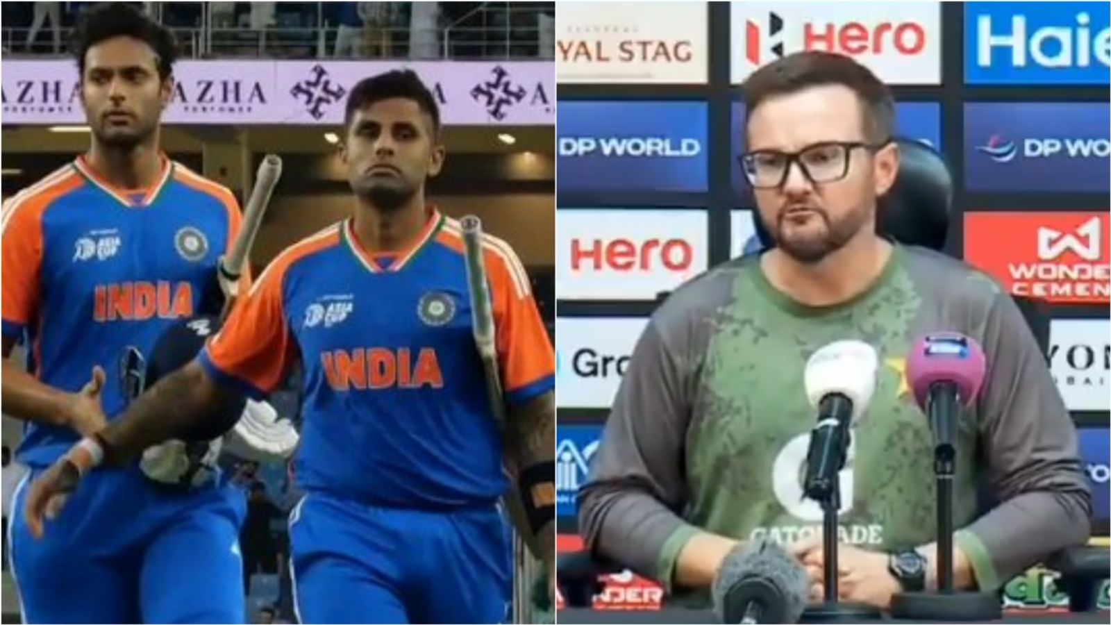 Why did Pakistan captain Salman Agha skip the post-match presentation? Head coach Mike Hesson says 'cause and effect after what happened' Suryakumar Yadav and Shivam Dube walk back to the dressing room after 7-wicket victory over Pakistan; Pakistan head coach Mike Hesson speaks at the post-match press conference.