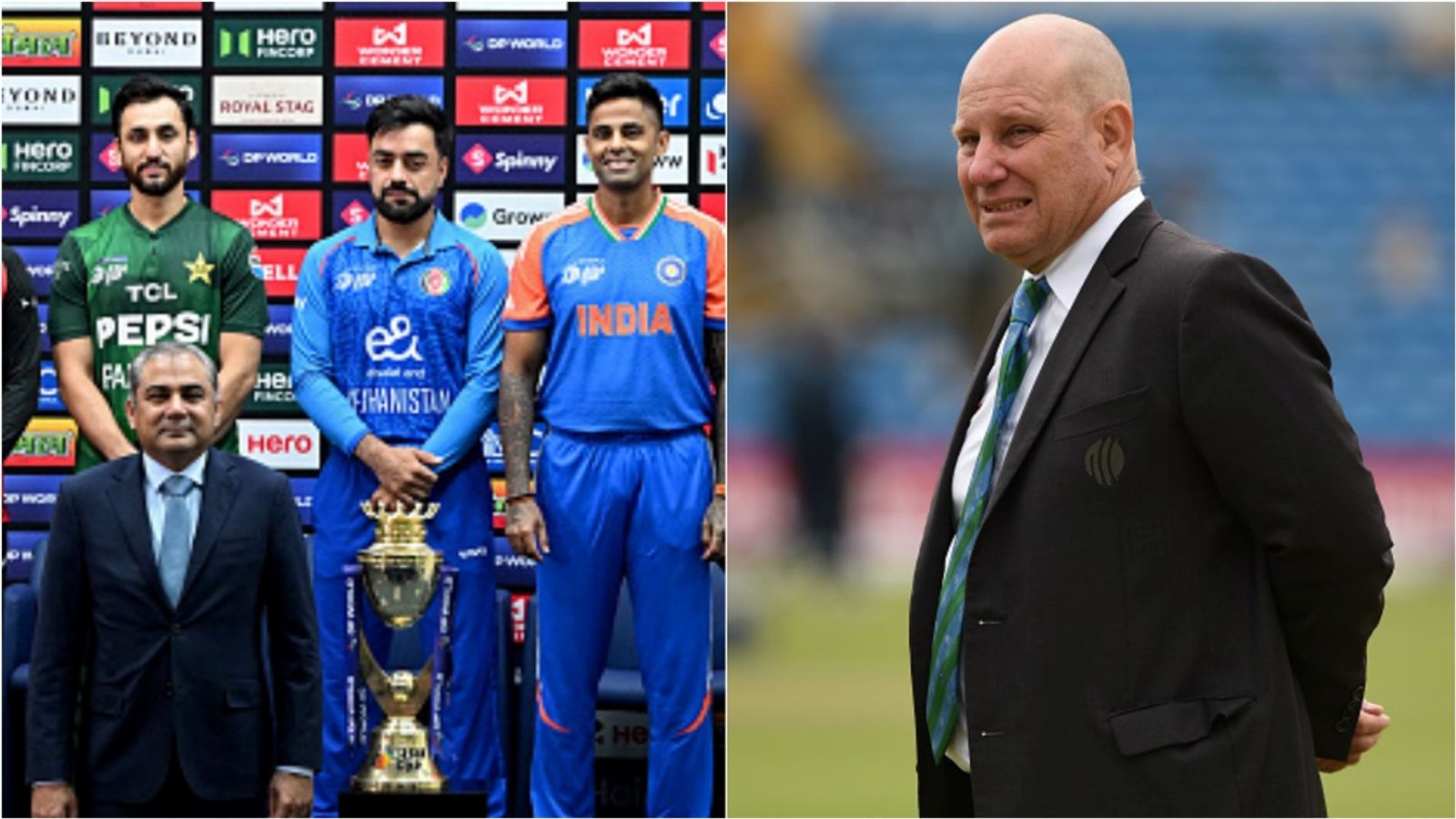 PCB and ACC chief Mohsin Naqvi demands ICC for removal of match referee Andy Pycroft after India-Pakistan handshake snub controversy in T20 Asia Cup 2025 PCB chief Mohsin Naqvi poses with captains Salman Agha, Rashid Khan and Suryakumar Yadav during press conference;ICC match referee Andy Pycroft.