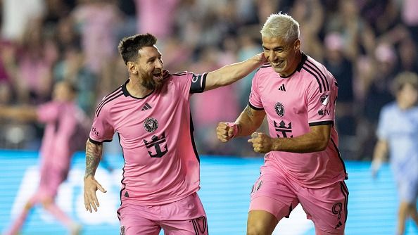 Lionel Messi celebrates Luis Suarez goal for Inter Miami CF (2) during round one of the 2024 MLS playoff game against Atlanta United FC (1) at the Chase Stadium on October 25th, 2024 in Fort Lauderdale, Florida, USA.