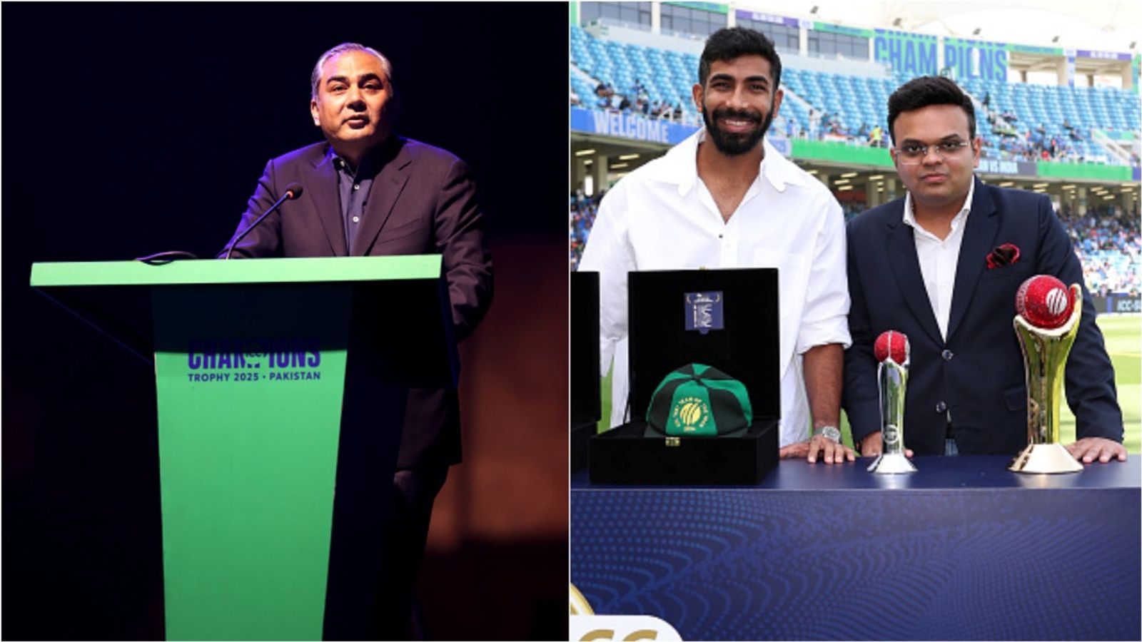 ICC rejects PCB's demand to remove match referee Andy Pycroft, will Pakistan pull out of T20 Asia Cup 2025 or it was an empty threat? PCB Chief Mohsin Naqvi; India pacer Jasprit Bumrah and ICC Chairman Jay Shah pose during ICC Champions Trophy 2025.