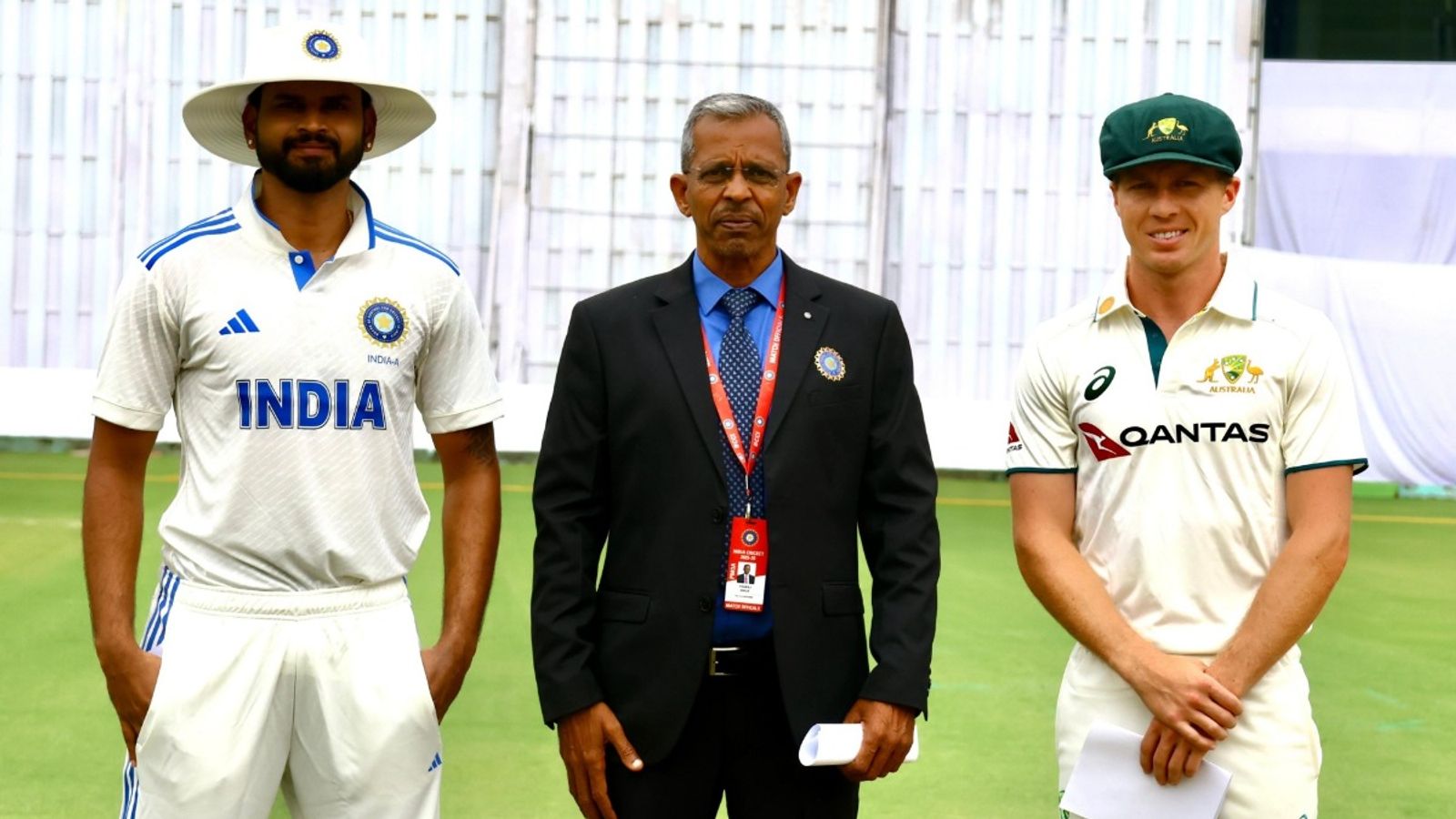 No Nitish Reddy in playing XI for India A's clash against Australia A after delayed start due to rain India A captain Shreyas Iyer and Australia A captain Nathan McSweeney pose before the coin toss.