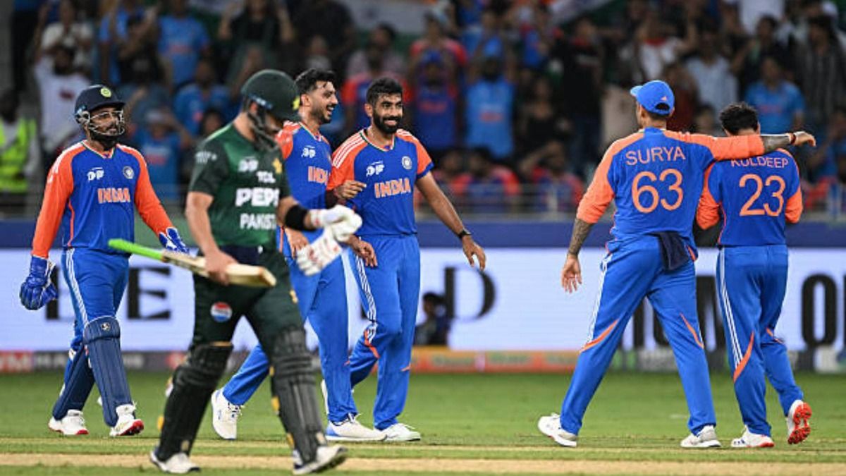 India's players celebrate after the dismissal of Pakistan's Sahibzada Farhan during the Asia Cup 2025 Twenty20 international cricket match between India and Pakistan
