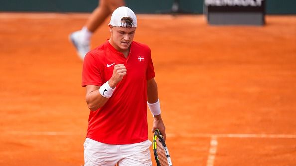 Holger Rune of Denmark gestures against Pedro Martinez of Spain during their men?s singles tennis match of 2025 Davis Cup Qualifiers Second Round between Spain and Denmark at Club Tennis Puente Romano.
