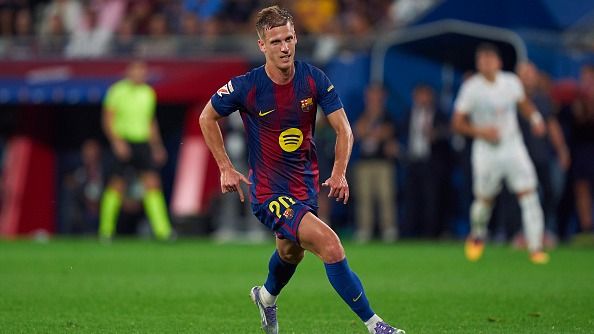 Dani Olmo of FC Barcelona in action during the LaLiga EA Sports match.