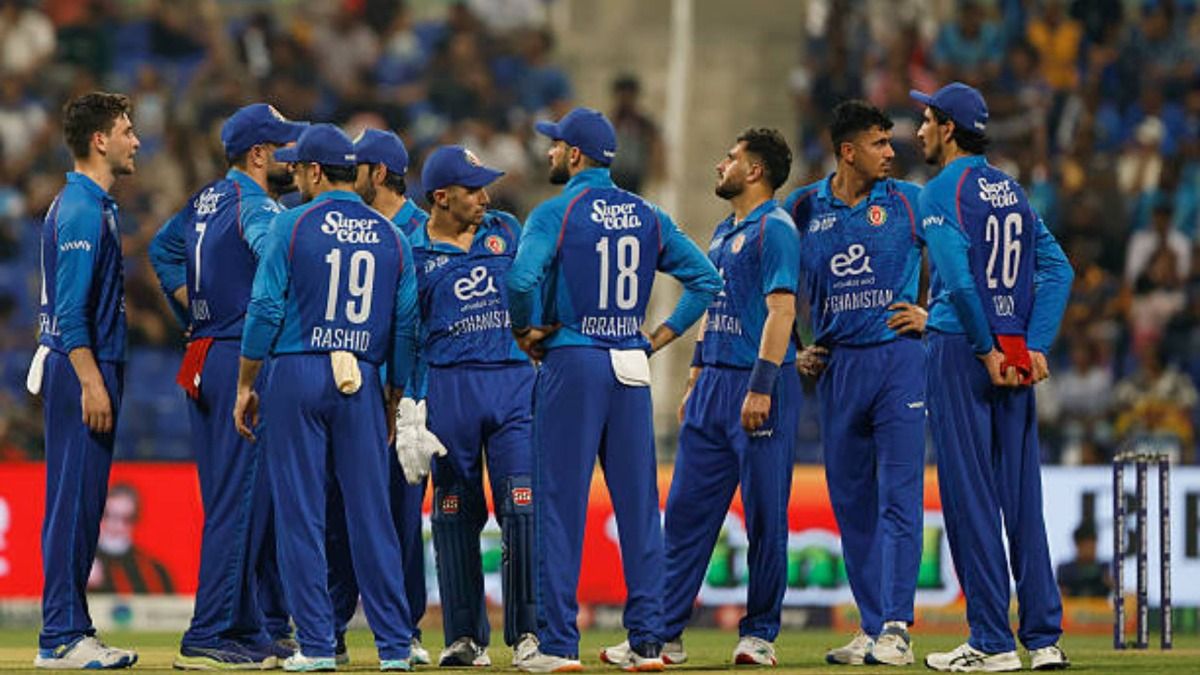 Afghanistan players react during the match between Sri Lanka and Afghanistan at Zayed Cricket Stadium on September 18, 2025 in Abu Dhabi