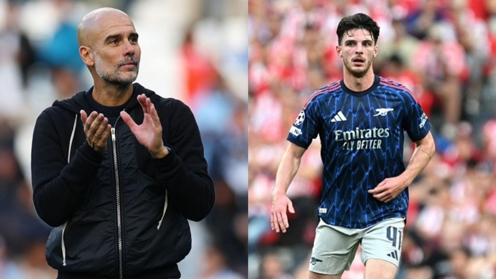 ‘I don’t care what…’ Manchester City star sends warning to Arsenal ahead of Premier League clash Pep Guardiola and Declan Rice in the frame (Images via Getty)