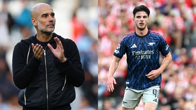 ‘I don’t care what…’ Manchester City star sends warning to Arsenal ahead of Premier League clash Pep Guardiola and Declan Rice in the frame (Images via Getty)
