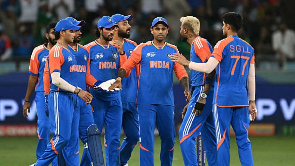 India's players celebrate after the dismissal of Pakistan's Fakhar Zaman during the Asia Cup 2025 Super Four Twenty20 international cricket match between India and Pakistan