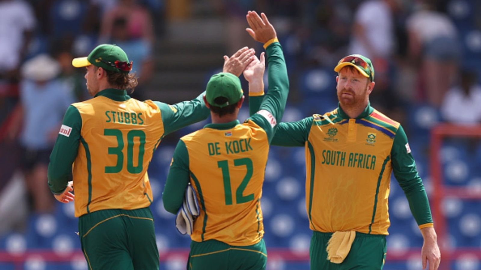 South Africa wicketkeeper reverses retirement, makes ODI comeback for Pakistan series as selectors rest several players and name new captain Heinrich Klaasen, Quinton de Kock and Tristan Stubbs of South Africa celebrate victory following the ICC Men's T20 Cricket World Cup West Indies & USA 2024 Super Eight match against England at Daren Sammy National Cricket Stadium on June 21, 2024.