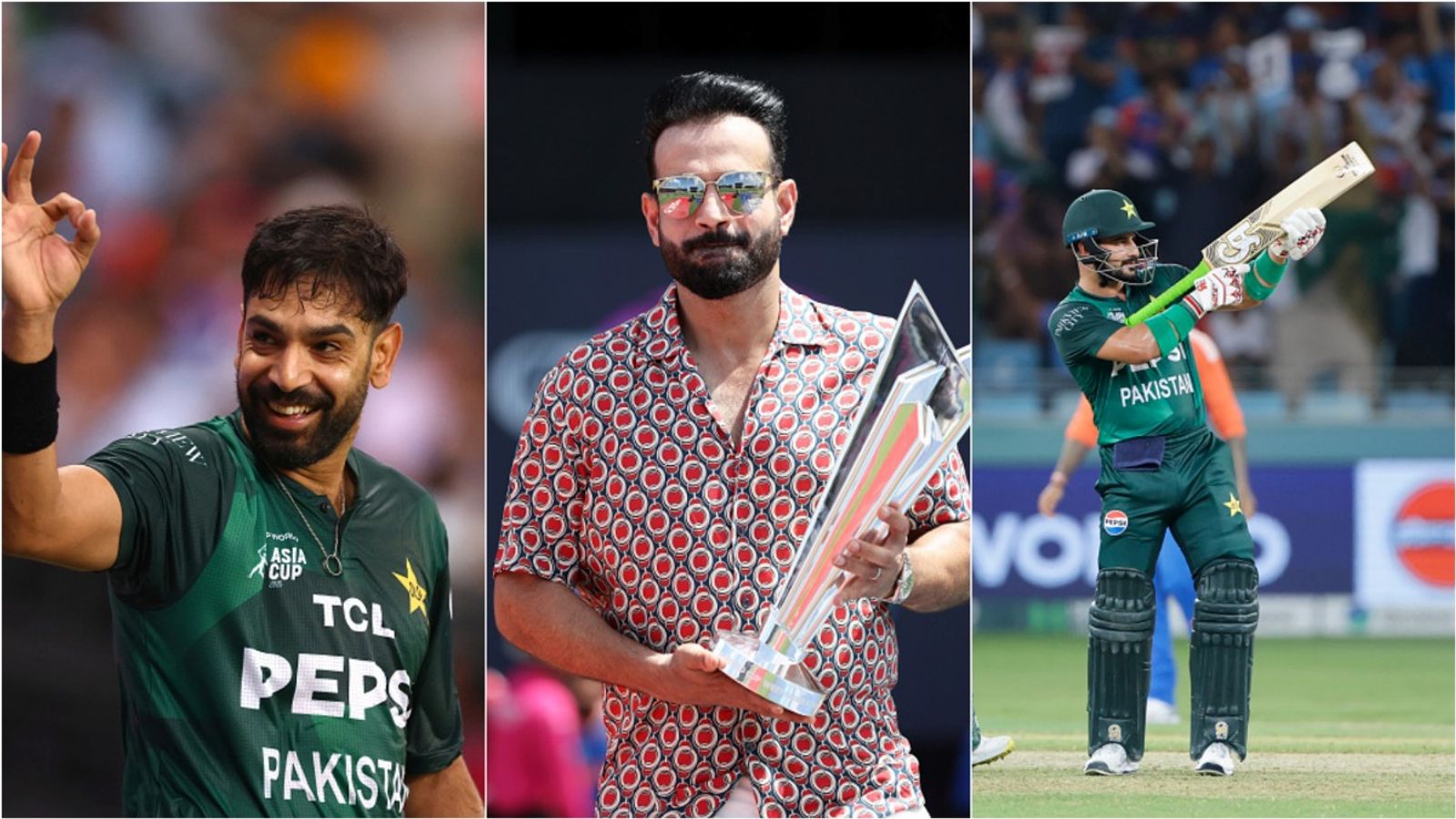 'It tells about both of their nature and what upbringing...': Irfan Pathan slams Sahibzada Farhan and Haris Rauf for provocative celebrations Pakistan pacer Haris Rauf gestures to the crowd, Irfan Pathan with T20 World Cup 2024 trophy, Sahibzada Farhan celebrates his fifty.