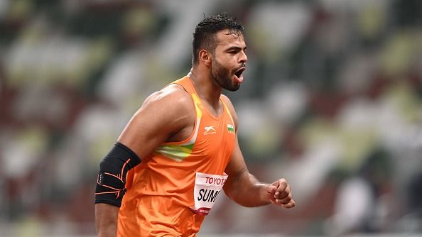 Sumit Sumit of Team India reacts while competing in the men's Javelin Throw - F64 on day 6 of the Tokyo 2020 Paralympic Games at Olympic Stadium on August 30, 2021 in Tokyo, Japan.