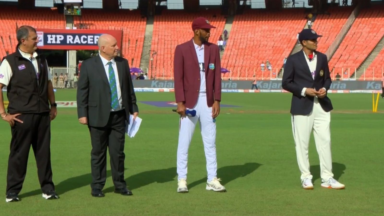 IND vs WI 1st Test: Shubman Gill opts to go with 3 spinners after Roston Chase wins toss, no place for Axar Patel in playing XI West Indies captain Roston Chase and India captain Shubman Gill at the coin toss.
