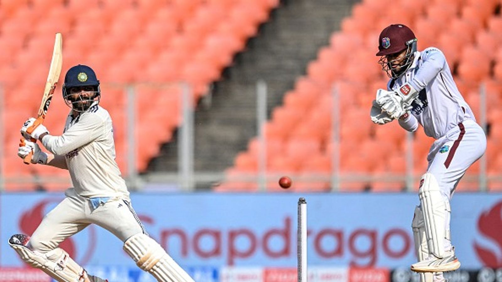 IND vs WI, 1st Test: India declare at 448/5 as KL Rahul, Dhruv Jurel and Ravindra Jadeja hit centuries to put West Indies under pressure in Ahmedabad Test India's Ravindra Jadeja (L) plays a shot during the second day of the first Test cricket match between India and the West Indies at the Narendra Modi Stadium in Ahmedabad on October 3, 2025