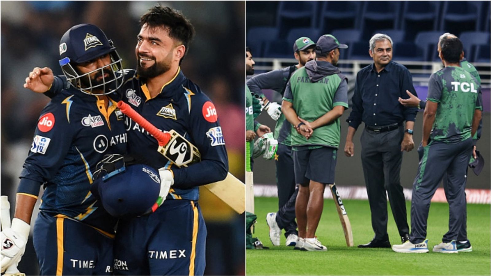 'By taking the trophy back, the Pakistan team hasn't won it': Gujarat Titans star slams PCB chief Mohsin Naqvi's Asia Cup drama Rahul Tewatia celebrates Gujarat Titans' win with teammate Rashid Khan; PCB Chief Mohsin Naqvi with Pakistan players.