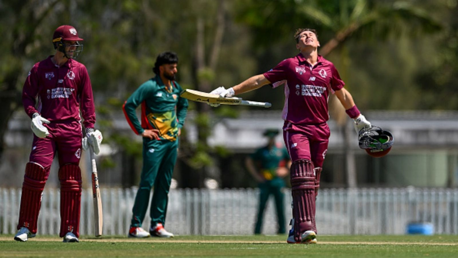 Dropped from ODI squad vs India, Marnus Labuschagne sends message to selectors with 91-ball 105 in One-Day Cup; watch video Marnus Labuschagne of Queensland Bulls celebrates his century during the One Day Cup match against Tasmania at Allan Border Field, on October 09, 2025, in Brisbane, Australia.
