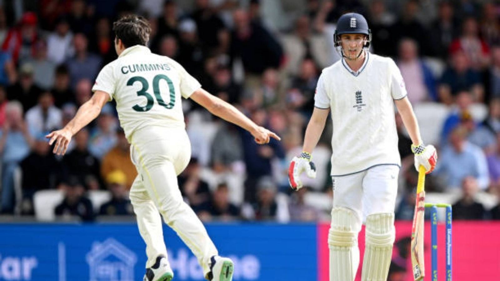 'Hopefully that plays into our hands...': Harry Brook shares his take on Pat Cummins' fitness issues ahead of The Ashes Harry Brook of England is dismissed by Pat Cummins of Australia during Day One of the LV= Insurance Ashes 3rd Test Match between England and Australia