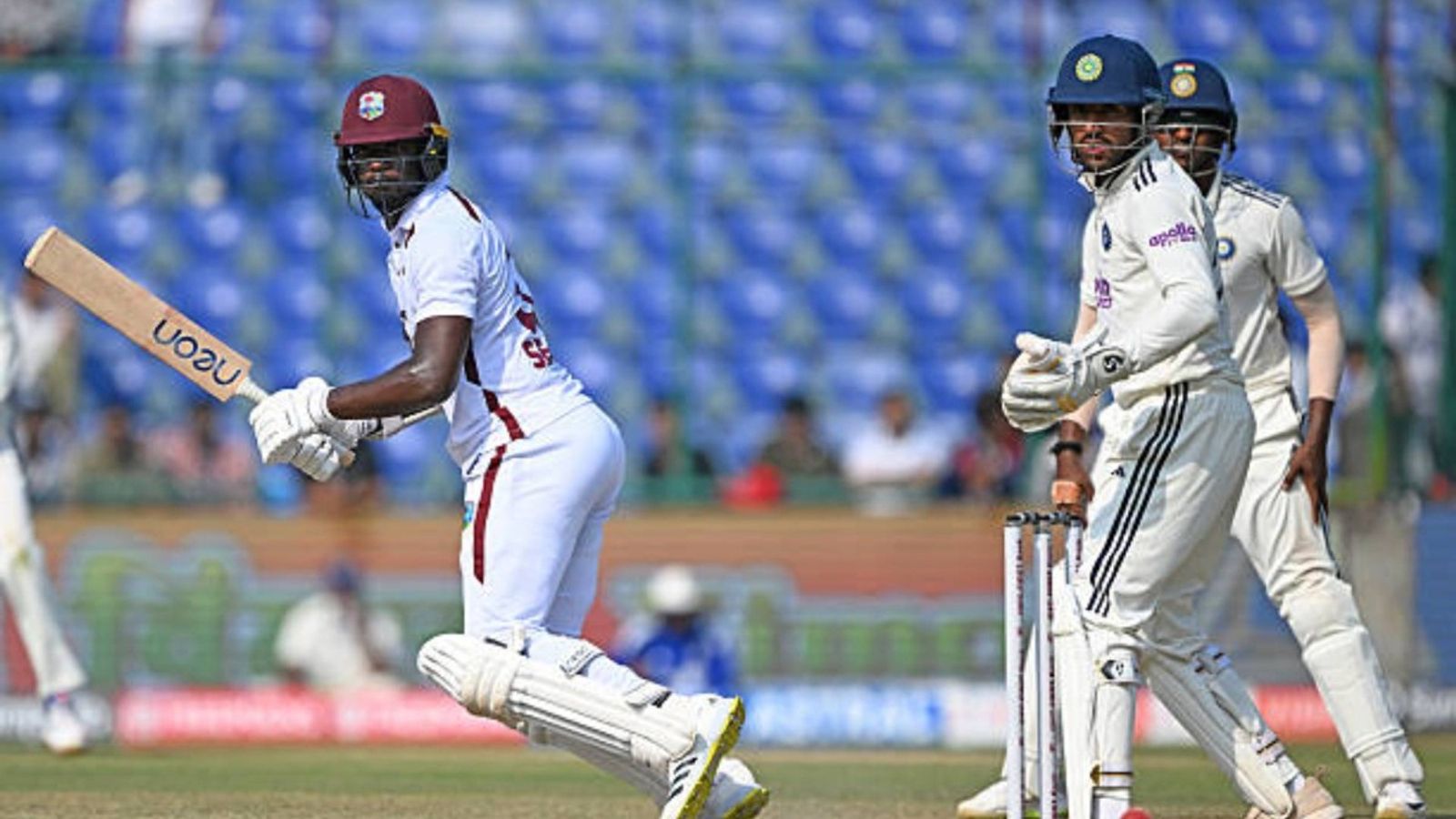 IND vs WI 2nd Test: Jayden Seales shatters 21-year-old record with valiant cameo on Day 4 West Indies' Jayden Seales (L) plays a shot during the fourth day of the second and last Test cricket match between India and West Indies at the Arun Jaitley Stadium in New Delhi