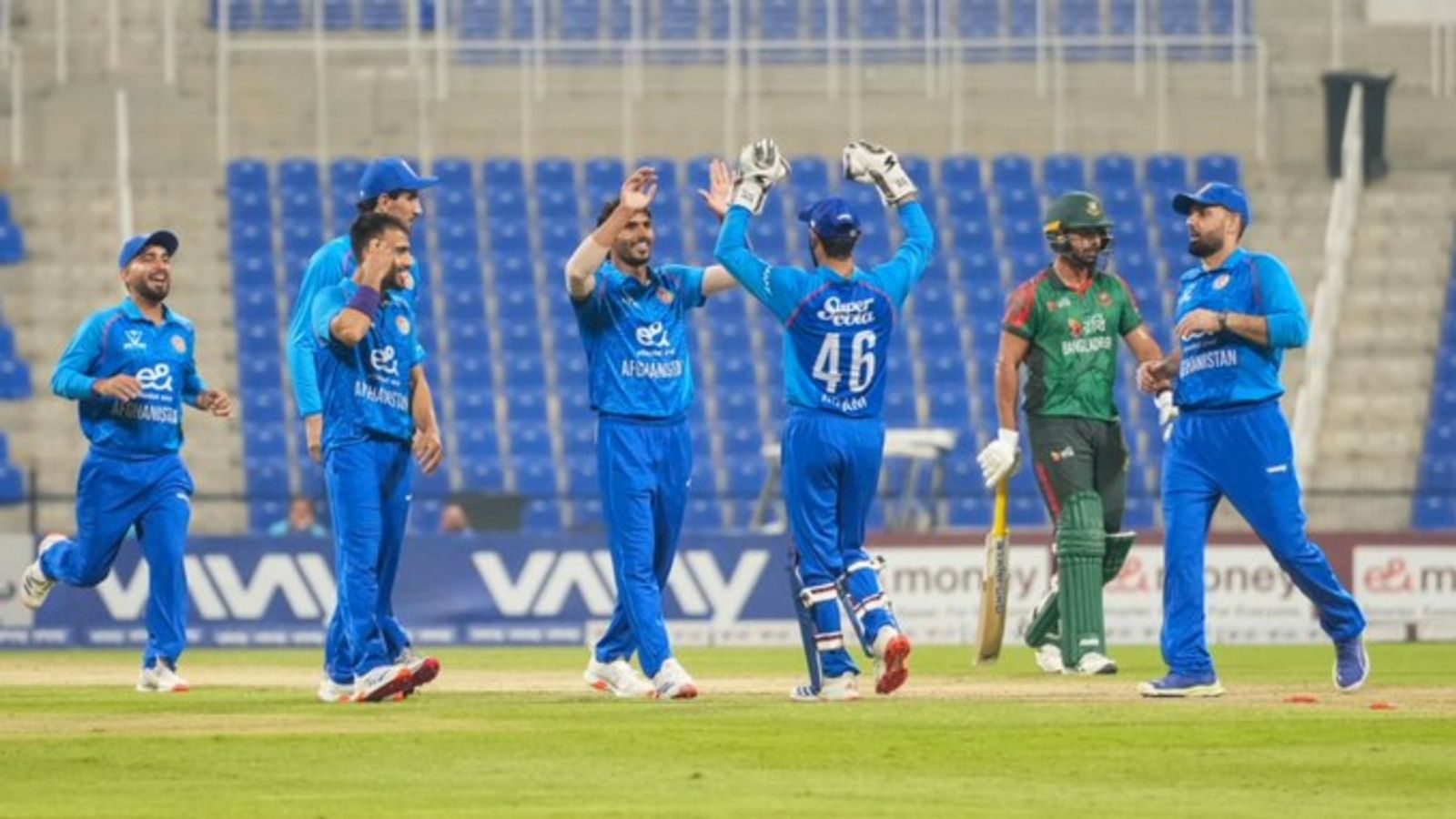 Afghanistan's young pacer wreaks havoc with 5/33 to bowl out Bangladesh for 93 in 3rd ODI, complete cleansweep with massive 200-run win Bilal Sami celebrates a wicket against Bangladesh in 3rd ODI with his teammates.