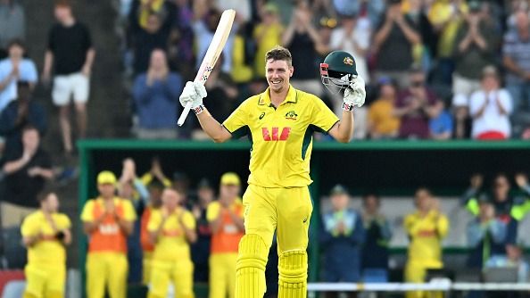 Cameron Green of Australia celebrates his century during game three of the One Day International Series between Australia and South Africa