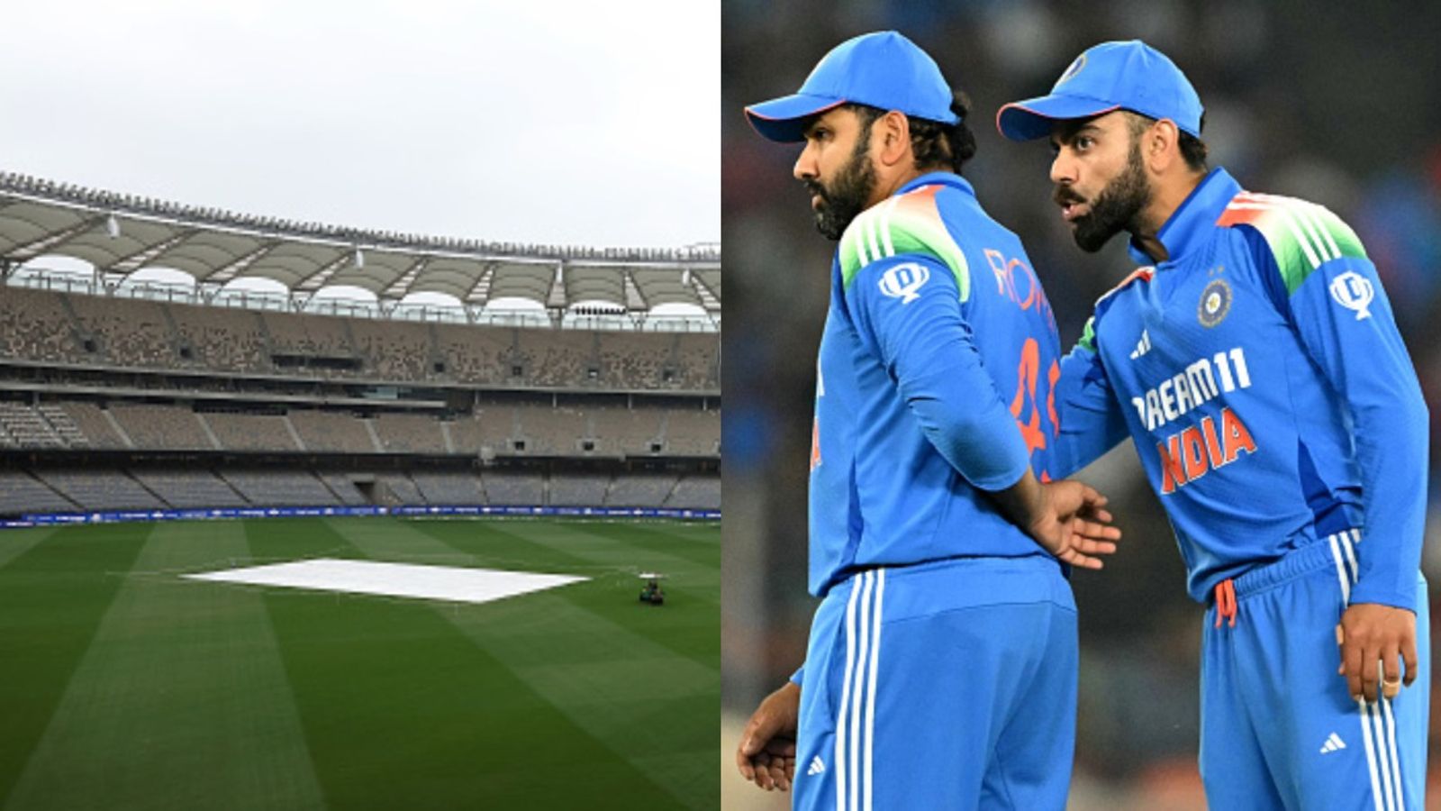 India vs Australia, 1st ODI Perth weather, pitch report: Will rain play spoilsport in Rohit Sharma, Virat Kohli's international comeback? In Pic: Covers at Optus Stadium along with Rohit Sharma and Virat Kohli
