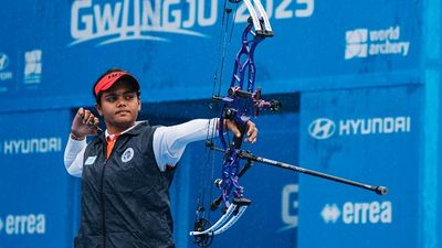 Jyothi Surekha Vennam makes history by winning Bronze at Archery World Cup Final, becoming first Indian woman compound archer to achieve this feat In this handout image provided by the World Archery Federation, Jyothi Surekha Vennam of India during the Women's compound finals