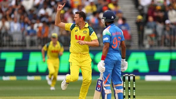 Josh Hazlewood of Australia celebrates the wicket of Shreyas Iyer of India during game one of the One Day International series between Australia and India at Perth Stadium on October 19, 2025