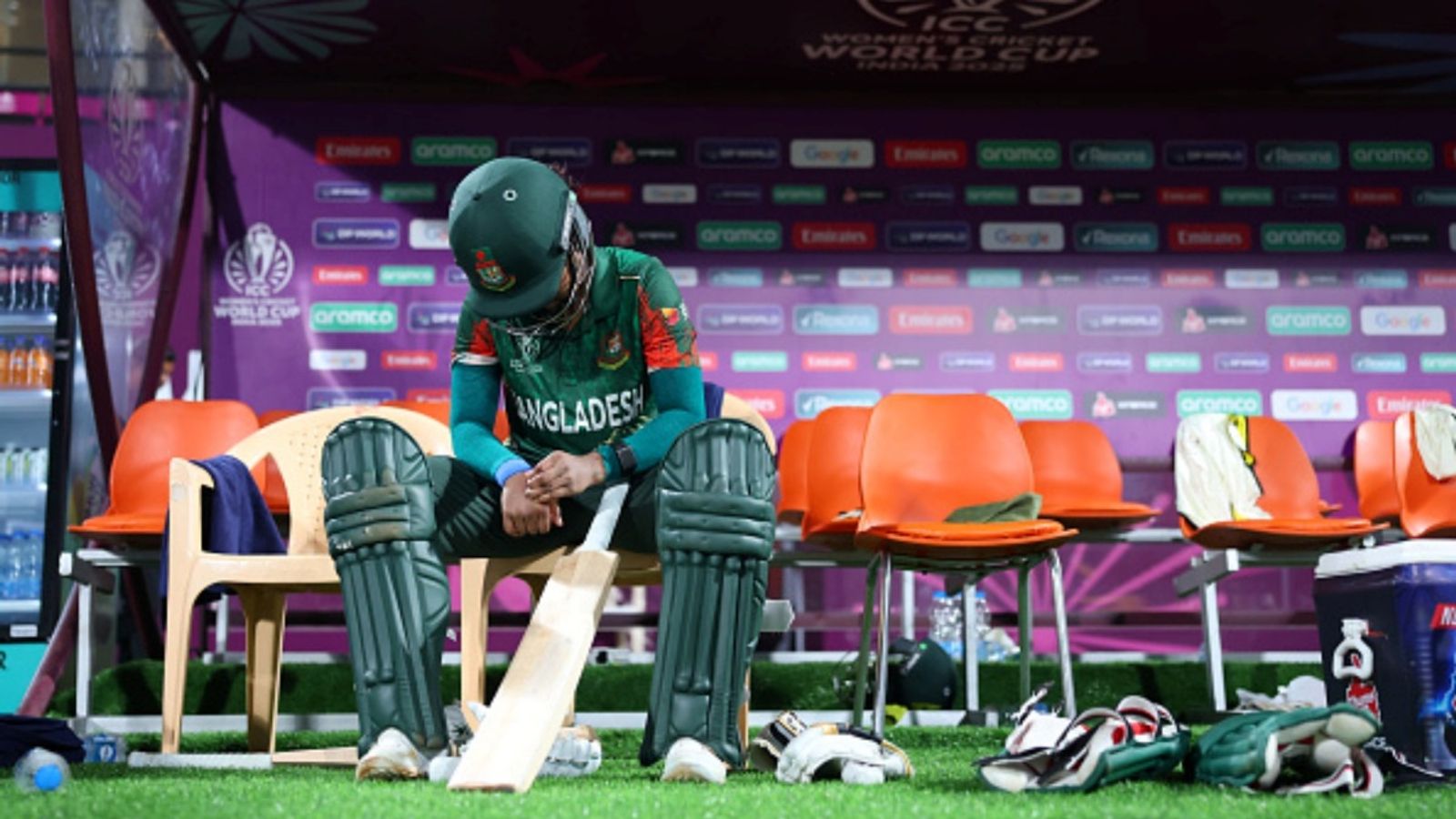 12 runs needed off last 2 overs, Bangladesh bottle run chase by losing 5 wickets for 4 runs as Sri Lanka open win account in Women's ODI World Cup 2025 Nigar Sultana of Bangladesh looks dejected in the dugout after her late dismissal following the ICC Women's Cricket World Cup 2025 match against Sri Lanka at DY Patil Stadium on October 20, 2025 in Navi Mumbai, India.