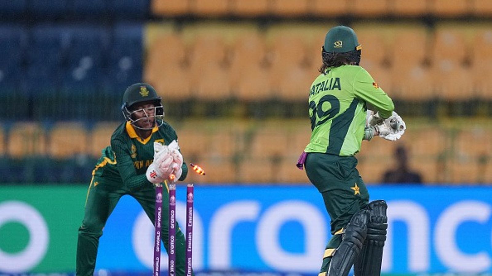 Dominant South Africa eliminate Pakistan from semifinal race with 150-run DLS win in Women’s World Cup, led by fifties from Wolvaardt, Luus, and Kapp : Natalia Pervaiz of Pakistan is caught out by wicket keeper Karabo Meso of South Africa during the ICC Women's Cricket World Cup India 2025 match between South Africa and Pakistan at R. Premadasa Stadium